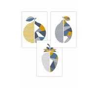 ARTZE Set of 3 Geometric Fruit Strawberry Blue Yellow Art Posters in Mid Blue | Size: W30 cm x H42 cm ARTZE Mid Blue W30 cm x H42 cm