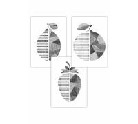 ARTZE Set of 3 Geometric Grey Wood Grain Effect Fruit Art Posters | Size: W59 cm x H84 cm ARTZE Grey W59 cm x H84 cm