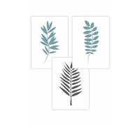 ARTZE Set of 3 Graphical Blue Grey Leaves Art Posters in Duck Egg Blue | Size: W50 cm x H70 cm ARTZE Duck Egg Blue W50 cm x H70 cm