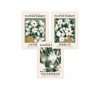 ARTZE Set of 3 Green Flower Market London Edinburgh Dublin Art Posters in Dark Green | Size: W59 cm x H84 cm ARTZE Dark Green W59 cm x H84 cm