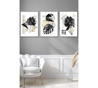 ARTZE Set of 3 Light Grey Framed Abstract Black & Gold Botanical Wall Art | Size: W33 cm x H45 cm x D20mm ARTZE Black W33 cm x H45 cm x D20mm
