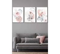 ARTZE Set of 3 Light Grey Framed Abstract Blush Pink Botanical Wall Art in Light Pink | Size: W33 cm x H45 cm x D20mm ARTZE Light Pink W33 cm x H45 cm x D20mm