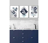 ARTZE Set of 3 Light Grey Framed Graphical Abstract Floral Navy Blue Grey Wall Art | Size: W53 cm x H73 cm x D20mm ARTZE Navy W53 cm x H73 cm x D20mm