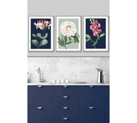 ARTZE Set of 3 Light Grey Framed Vintage Flowers Honeysuckle Blue & Green Wall Art in Navy | Size: W53 cm x H73 cm x D20mm ARTZE Navy W53 cm x H73 cm x D20mm