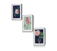 ARTZE Set of 3 Light Grey Framed Vintage Flowers Navy Blue & Sage Green Wall Art | Size: W33 cm x H45 cm x D20mm ARTZE Navy W33 cm x H45 cm x D20mm