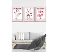 ARTZE Set of 3 Light Grey Framed Vintage Graphical Pink Hollyhock Flower Market Wall Art in Dusty Pink | Size: W53 cm x H73 cm x D20mm ARTZE Dusty Pink W53 cm x H73 cm x D20mm