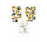 ARTZE Set of 3 Mid Century Graphical Grey Yellow Art Posters in Bright Yellow | Size: W30 cm x H42 cm ARTZE Bright Yellow W30 cm x H42 cm