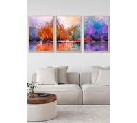 ARTZE Set of 3 Oak Framed Abstract Purple Orange Violet Dawn Wall Art | Size: W33 cm x H45 cm x D20mm ARTZE Purple W33 cm x H45 cm x D20mm