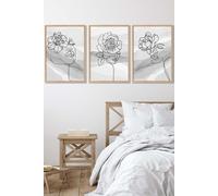 ARTZE Set of 3 Oak Framed Female Line Art Floral Faces on Grey Wall Art in Light Grey | Size: W45 cm x H62 cm x D20mm ARTZE Light Grey W45 cm x H62 cm x D20mm