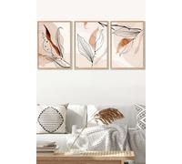 ARTZE Set of 3 Oak Framed Graphical Line Art Autumn Leaves Wall Art in Pale Orange | Size: W45 cm x H62 cm x D20mm ARTZE Pale Orange W45 cm x H62 cm x D20mm