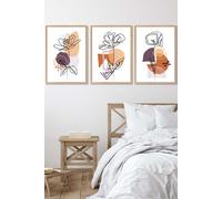 ARTZE Set of 3 Oak Framed Line Art Flowers on Purple Orange Boho Shapes Wall Art | Size: W53 cm x H73 cm x D20mm ARTZE Purple W53 cm x H73 cm x D20mm