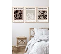 ARTZE Set of 3 Oak Framed Matisse Style Floral Cut Out Brown & Black Wall Art in Chocolate | Size: W53 cm x H73 cm x D20mm ARTZE Chocolate W53 cm x H73 cm x D20mm