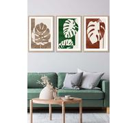 ARTZE Set of 3 Oak Framed Mid Century Monstera in Beige & Green Wall Art in Dark Green | Size: W33 cm x H45 cm x D20mm ARTZE Dark Green W33 cm x H45 cm x D20mm