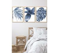 ARTZE Set of 3 Oak Framed Tropical Plants Navy Blue Abstract Wall Art | Size: W33 cm x H45 cm x D20mm ARTZE Navy W33 cm x H45 cm x D20mm