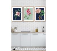 ARTZE Set of 3 Oak Framed Vintage Flowers Navy Blue & Sage Green Wall Art | Size: W45 cm x H62 cm x D20mm ARTZE Navy W45 cm x H62 cm x D20mm