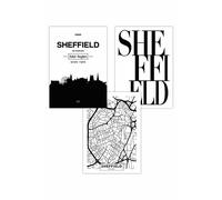 ARTZE Set of 3 SHEFFIELD Skyline Street Map City Prints Art Posters in Black | Size: W42 cm x H59 cm ARTZE Black W42 cm x H59 cm
