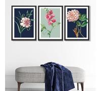 ARTZE Set of 3 Vintage Flowers Navy Blue and Sage Green Wall Art Prints Only Size: (A3-29.7 x 42 cm)
