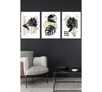 ARTZE Set of 3 White Framed Abstract Black & Gold Botanical Wall Art | Size: W33 cm x H45 cm x D20mm ARTZE Black W33 cm x H45 cm x D20mm