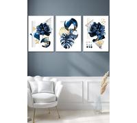 ARTZE Set of 3 White Framed Abstract Blue & Gold Botanical Wall Art in Navy | Size: W33 cm x H45 cm x D20mm ARTZE Navy W33 cm x H45 cm x D20mm