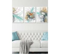 ARTZE Set of 3 White Framed Abstract Green Yellow Grey Mixed Media Fractal Wall Art in Bright Yellow | Size: W45 cm x H62 cm x D20mm ARTZE Bright Yellow W45 cm x H62 cm x D20mm