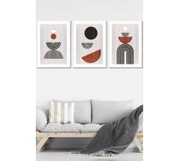 ARTZE Set of 3 White Framed Black Grey Terracotta Abstract Mid Century Geometric Wall Art | Size: W33 cm x H45 cm x D20mm ARTZE Terracotta W33 cm x H45 cm x D20mm