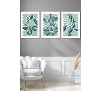 ARTZE Set of 3 White Framed Boho Abstract Green & White Floral Wall Art | Size: W33 cm x H45 cm x D20mm ARTZE Green W33 cm x H45 cm x D20mm