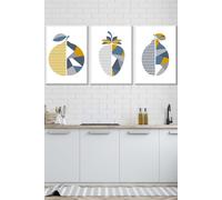 ARTZE Set of 3 White Framed Geometric Fruit Strawberry Blue Yellow Wall Art in Mid Blue | Size: W33 cm x H45 cm x D20mm ARTZE Mid Blue W33 cm x H45 cm x D20mm
