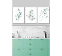 ARTZE Set of 3 White Framed Green Blue Watercolour Eucalyptus Set 3 Wall Art in Light Green | Size: W33 cm x H45 cm x D20mm ARTZE Light Green W33 cm x H45 cm x D20mm