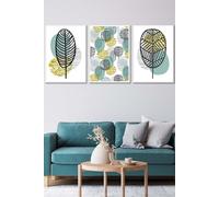 ARTZE Set of 3 White Framed Mid Century Floral Pattern in Yellow & Blue Wall Art in Duck Egg Blue | Size: W33 cm x H45 cm x D20mm ARTZE Duck Egg Blue W33 cm x H45 cm x D20mm
