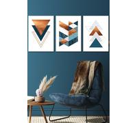 ARTZE Set of 3 White Framed Mid Century Teal Orange Abstract Geometric Wall Art | Size: W33 cm x H45 cm x D20mm ARTZE Teal W33 cm x H45 cm x D20mm