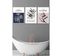 ARTZE Set of 3 White Framed Minimalist Sketch Leaves Flowers Blush Pink Navy Blue & Grey Wall Art | Size: W53 cm x H73 cm x D20mm ARTZE Navy W53 cm x H73 cm x D20mm