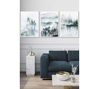ARTZE Set of 3 White Framed Teal Blue Abstract Forest Lake Wall Art | Size: W53 cm x H73 cm x D20mm ARTZE Teal W53 cm x H73 cm x D20mm