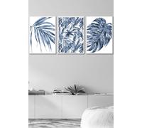 ARTZE Set of 3 White Framed Tropical Plants & Pattern Navy Blue Abstract Wall Art | Size: W53 cm x H73 cm x D20mm ARTZE Navy W53 cm x H73 cm x D20mm