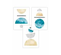 ARTZE Set of 3 Yellow & Aqua Blue Abstract Mid Century Geometric Art Posters | Size: W59 cm x H84 cm ARTZE Aqua W59 cm x H84 cm