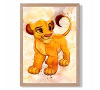 ARTZE Simba Cub Watercolour Lion King Framed Print SIZE: A3 with Oak Frame in Yellow | Size: A4 ARTZE Yellow A4