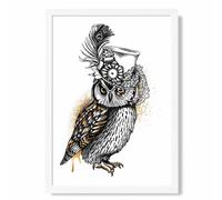 ARTZE Steam Punk Owl Sketch Framed Print SIZE: A4 with White Frame in Yellow | Size: A3 ARTZE Yellow A3