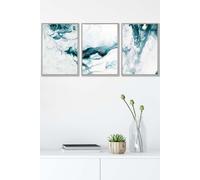 ARTZE Teal Blue Abstract Ocean Waves Framed Wall Art - Medium in Light Grey | Size: W45 cm x H62 cm x D20mm ARTZE Light Grey W45 cm x H62 cm x D20mm