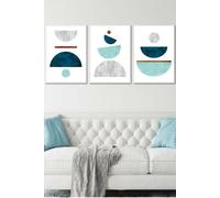 ARTZE Teal, Mint Green & Grey Abstract Mid Century Geometric Framed Wall Art - Large in White | Size: W53 cm x H73 cm x D20mm ARTZE White W53 cm x H73 cm x D20mm