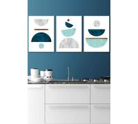 ARTZE Teal, Mint Green & Grey Abstract Mid Century Geometric Framed Wall Art - Medium in White | Size: W45 cm x H62 cm x D20mm ARTZE White W45 cm x H62 cm x D20mm