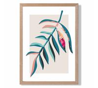 ARTZE Tropical Leaf Blue & Pink Boho Botanical Framed Print SIZE: A4 with Oak Frame in Mid Blue ARTZE Mid Blue A4