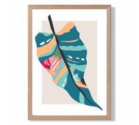 ARTZE Tropical Palm Blue & Pink Boho Botanical Framed Print SIZE: A3 with Oak Frame in Mid Blue ARTZE Mid Blue A3