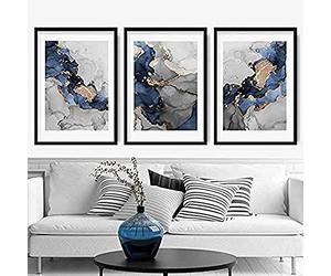 Artze Wall Art Abstract Art Print of Paintings 3-Piece Set, 40 cm Width x 50 cm Height, Navy Blue/Grey/Gold