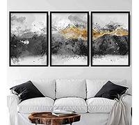 Artze Wall Art Abstract Art Print of Paintings Mountains 3-Piece Set, 30 cm Width x 40 cm Height, Black/Grey/Yellow