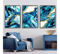 Artze Wall Art Abstract Fluid Art Prints 3-Piece Set, 30 cm Width x 40 cm Height, Blue/Gold