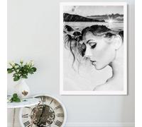 Artze Wall Art Abstract Girl And Beach Fashion Black And White Photo Framed Print Size: A2 With White Frame