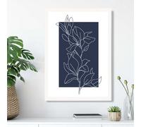 Artze Wall Art Abstract Navy Blue And White Floral Line Art Framed Print Size: A3 With White Frame