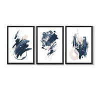 Artze Wall Art Abstract Set of 3 Minimal Blue Oil Painting Framed Art Prints - Black - 59x84cm (A1)