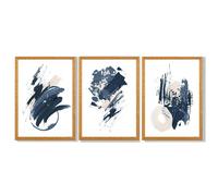 Artze Wall Art Abstract Set of 3 Minimal Blue Oil Painting Framed Art Prints - Oak - 42x59cm (A2)