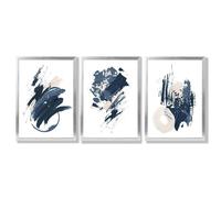 Artze Wall Art Abstract Set of 3 Minimal Blue Oil Painting Framed Art Prints - Silver - 42x59cm (A2)