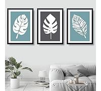 Artze Wall Art Art Prints Tropical Monstera Leaves 3-Piece Set, A3 Size, Blue Grey/White